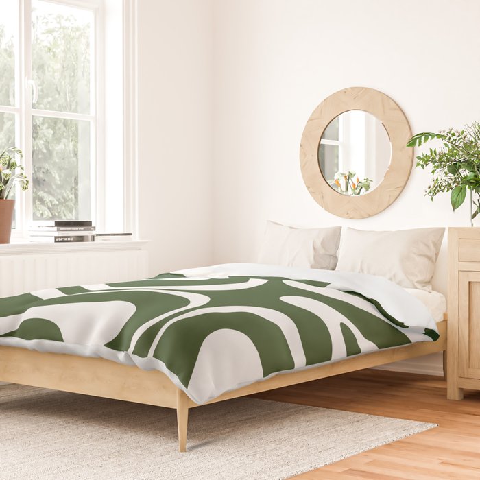 Retro Modern Liquid Swirl Abstract Pattern in Deep Green and White Duvet Cover Gallery Image 2