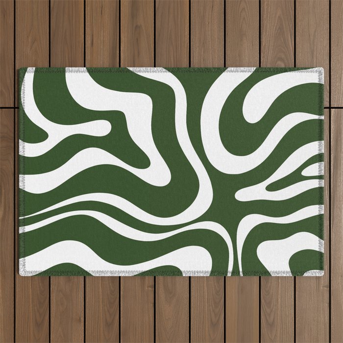 Retro Modern Liquid Swirl Abstract Pattern in Deep Green and White Outdoor Rug Gallery Image 1