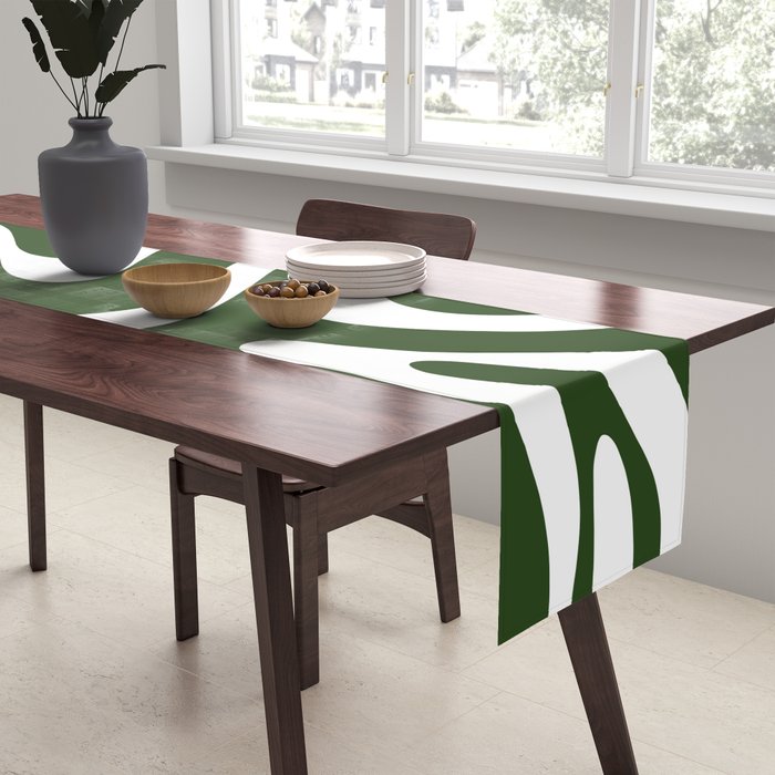 Retro Modern Liquid Swirl Abstract Pattern in Deep Green and White Table Runner Gallery Image 2