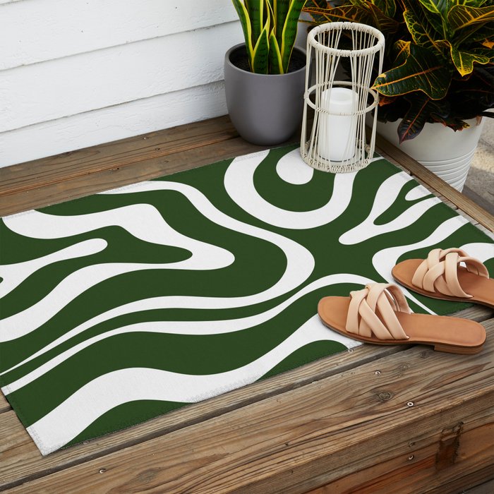 Retro Modern Liquid Swirl Abstract Pattern in Deep Green and White Outdoor Rug Gallery Image 2