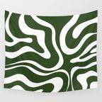 Retro Modern Liquid Swirl Abstract Pattern in Deep Green and White Wall Tapestry Gallery Image 4