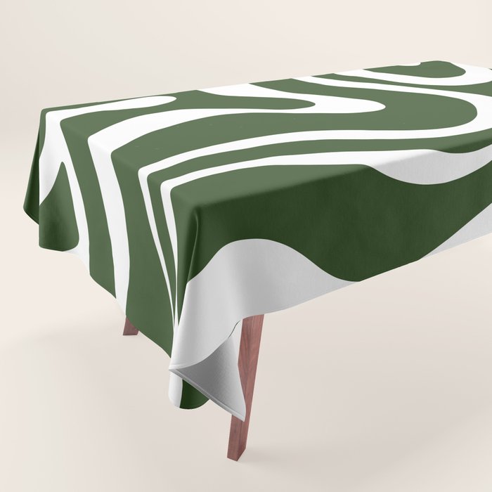 Retro Modern Liquid Swirl Abstract Pattern in Deep Green and White Tablecloth Gallery Image 1