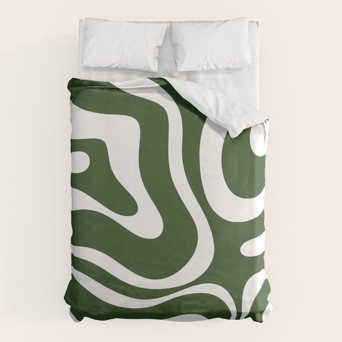 Retro Modern Liquid Swirl Abstract Pattern in Deep Green and White Duvet Cover Gallery Image 6