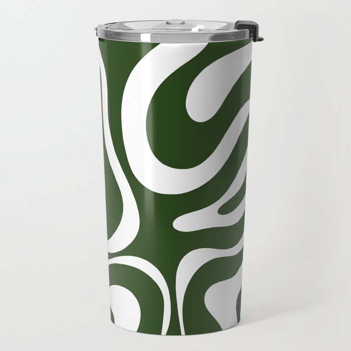 Retro Modern Liquid Swirl Abstract Pattern in Deep Green and White Travel Mug Gallery Image 2