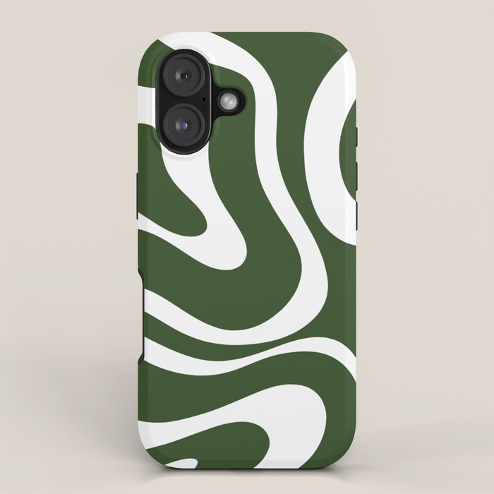 Retro Modern Liquid Swirl Abstract Pattern in Deep Green and White iPhone Case Gallery Image 1