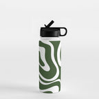 Retro Modern Liquid Swirl Abstract Pattern in Deep Green and White Water Bottle Gallery Image 1