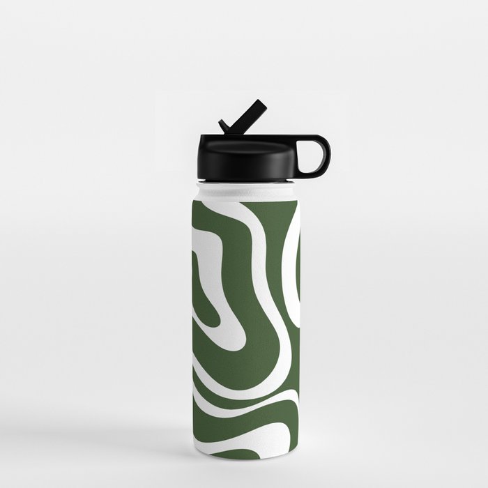 Retro Modern Liquid Swirl Abstract Pattern in Deep Green and White Water Bottle Gallery Image 1