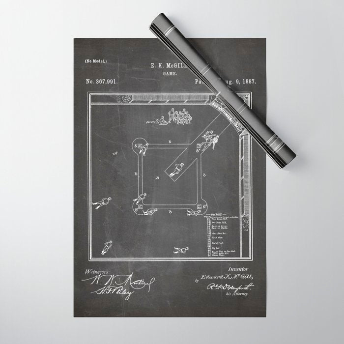 Baseball Patent - Sports Fan Softball Baseball Art - Black Chalkboard Wrapping Paper Gallery Image 1