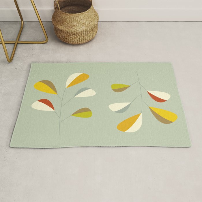 Mid Century Modern Single Leaf Pattern 1. Vintage green Rug Gallery Image 1