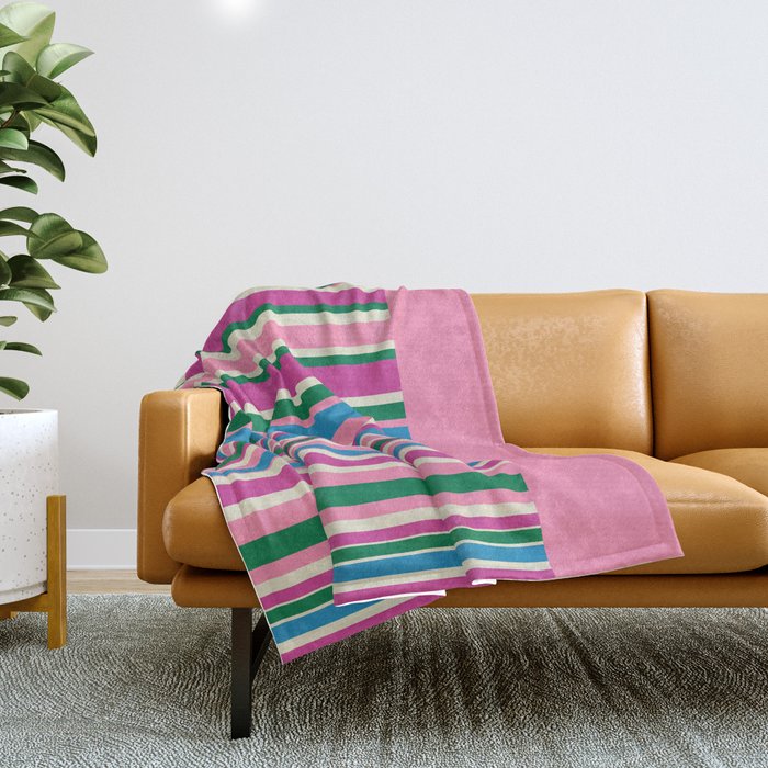 Color Block Stripes Pink Blue Green Throw Blanket Gallery Image 1
