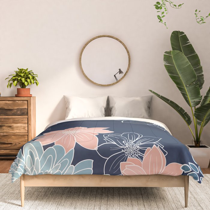 Festive, Floral Prints and Line Art, Navy Blue, Coral and Teal Comforter Gallery Image 3