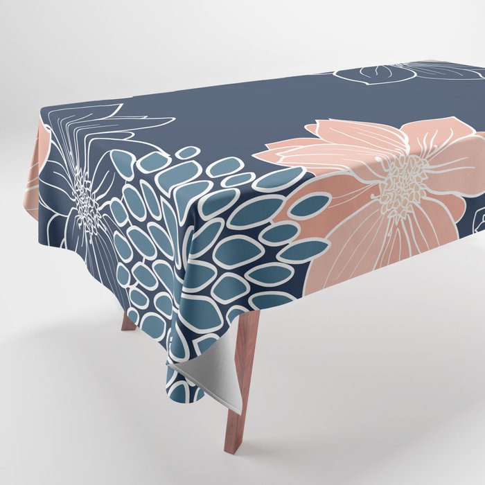 Festive, Floral Prints and Line Art, Navy Blue, Coral and Teal Tablecloth Gallery Image 1