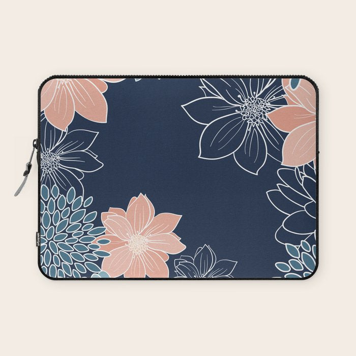 Festive, Floral Prints and Line Art, Navy Blue, Coral and Teal Laptop Sleeve Gallery Image 1