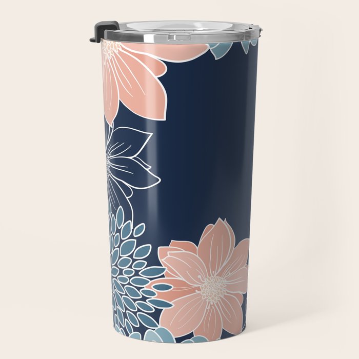 Festive, Floral Prints and Line Art, Navy Blue, Coral and Teal Travel Mug Gallery Image 3