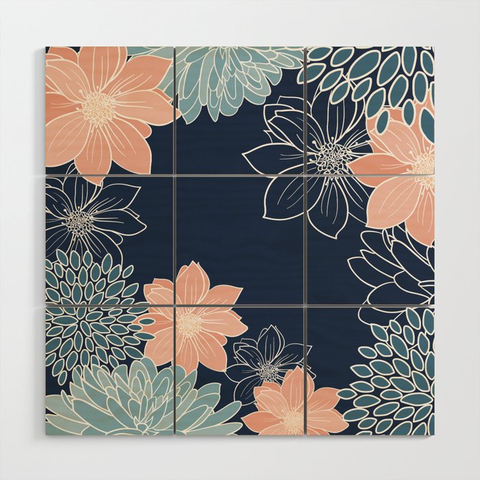 Festive, Floral Prints and Line Art, Navy Blue, Coral and Teal Wood Wall Art Gallery Image 1