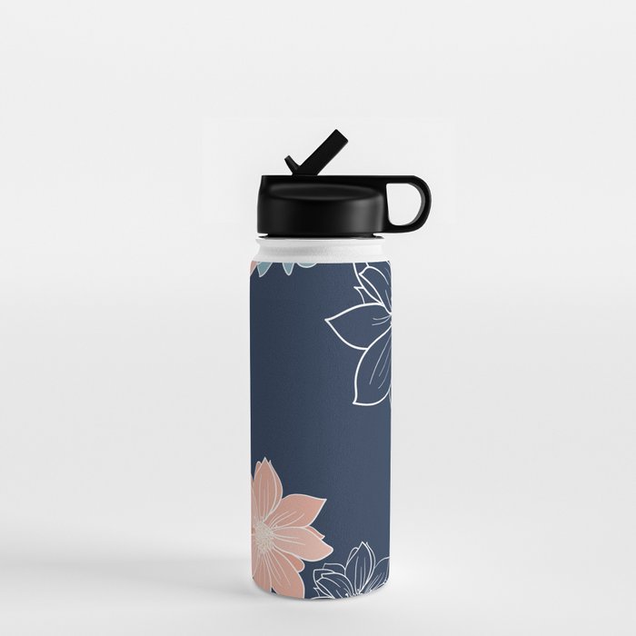 Festive, Floral Prints and Line Art, Navy Blue, Coral and Teal Water Bottle Gallery Image 1