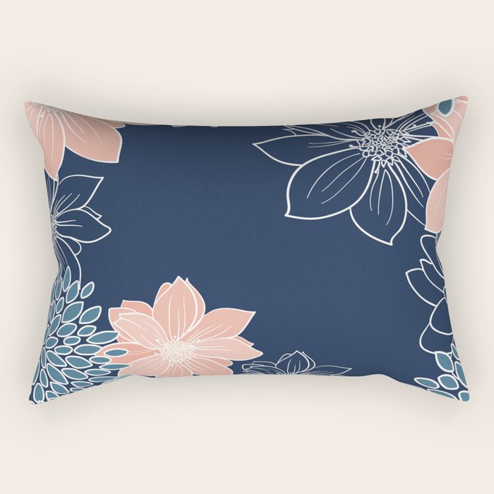 Festive, Floral Prints and Line Art, Navy Blue, Coral and Teal Rectangular Pillow Gallery Image 1
