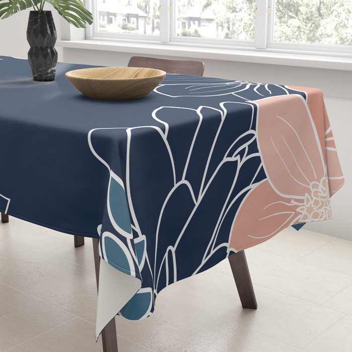 Festive, Floral Prints and Line Art, Navy Blue, Coral and Teal Tablecloth Gallery Image 3