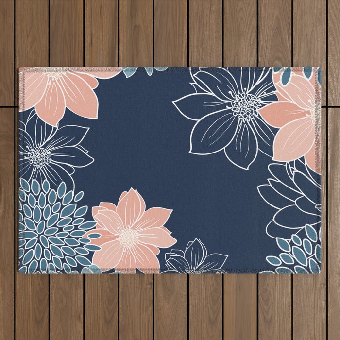 Festive, Floral Prints and Line Art, Navy Blue, Coral and Teal Outdoor Rug Gallery Image 1