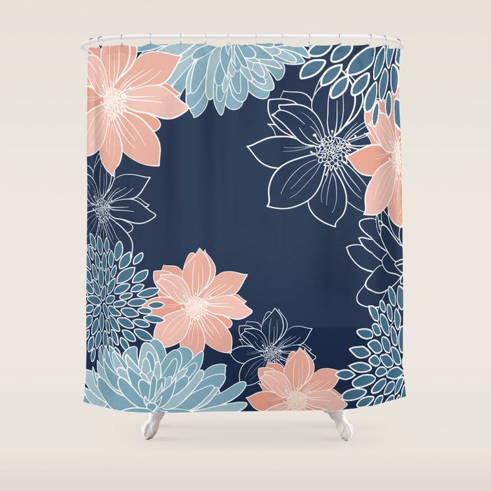 Festive, Floral Prints and Line Art, Navy Blue, Coral and Teal Shower Curtain Gallery Image 1