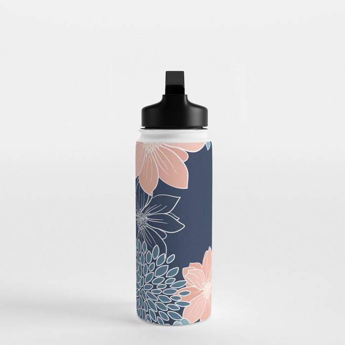 Festive, Floral Prints and Line Art, Navy Blue, Coral and Teal Water Bottle Gallery Image 3