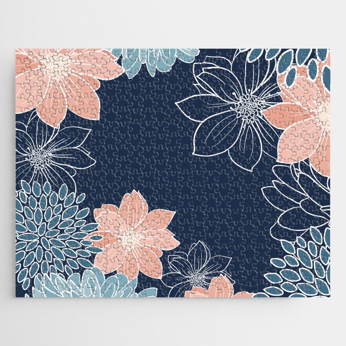 Festive, Floral Prints and Line Art, Navy Blue, Coral and Teal Jigsaw Puzzle Gallery Image 1
