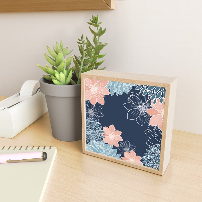 Festive, Floral Prints and Line Art, Navy Blue, Coral and Teal Mini Art Print Gallery Image 2