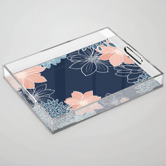 Festive, Floral Prints and Line Art, Navy Blue, Coral and Teal Acrylic Tray Gallery Image 1