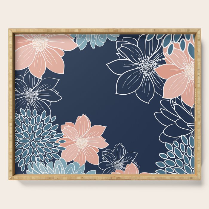 Festive, Floral Prints and Line Art, Navy Blue, Coral and Teal Serving Tray Gallery Image 1