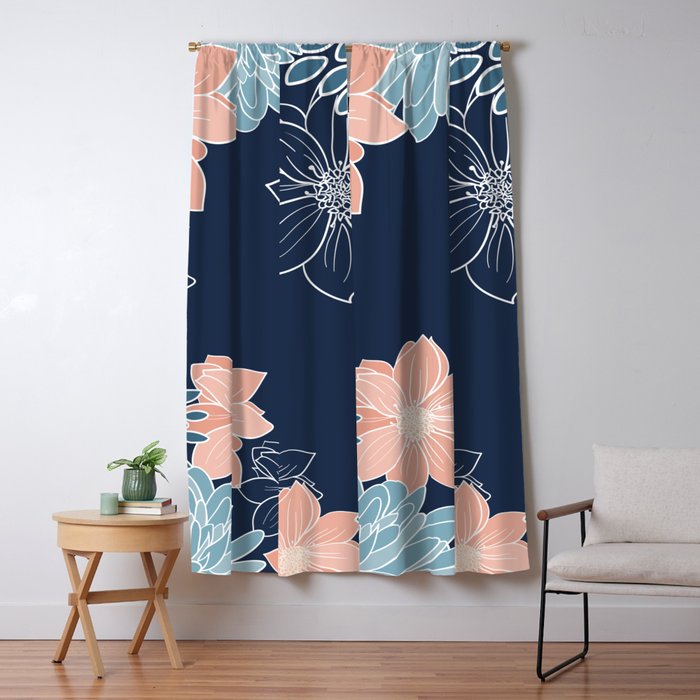 Festive, Floral Prints and Line Art, Navy Blue, Coral and Teal Window Curtain Gallery Image 1