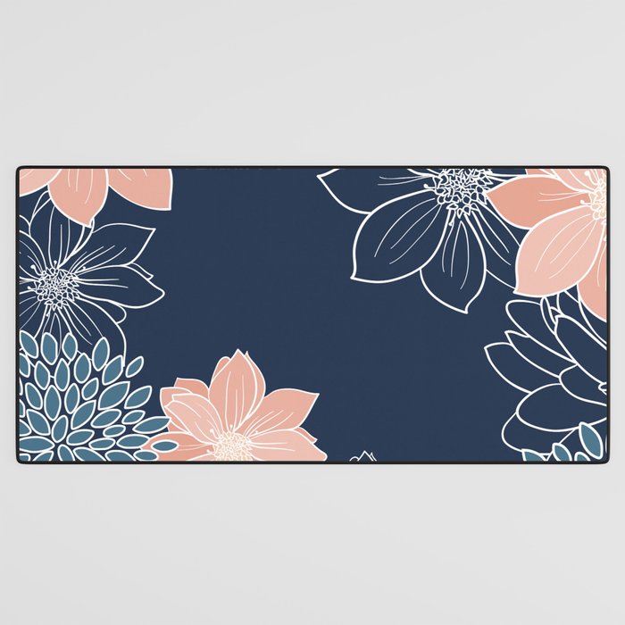 Festive, Floral Prints and Line Art, Navy Blue, Coral and Teal Desk Mat Gallery Image 3
