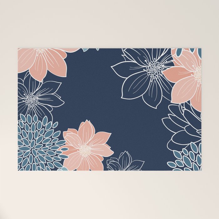 Festive, Floral Prints and Line Art, Navy Blue, Coral and Teal Welcome Mat Gallery Image 1