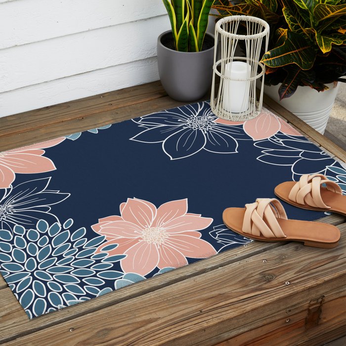 Festive, Floral Prints and Line Art, Navy Blue, Coral and Teal Outdoor Rug Gallery Image 2