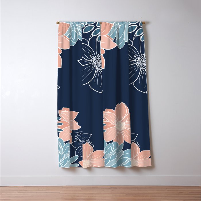Festive, Floral Prints and Line Art, Navy Blue, Coral and Teal Window Curtain Gallery Image 3