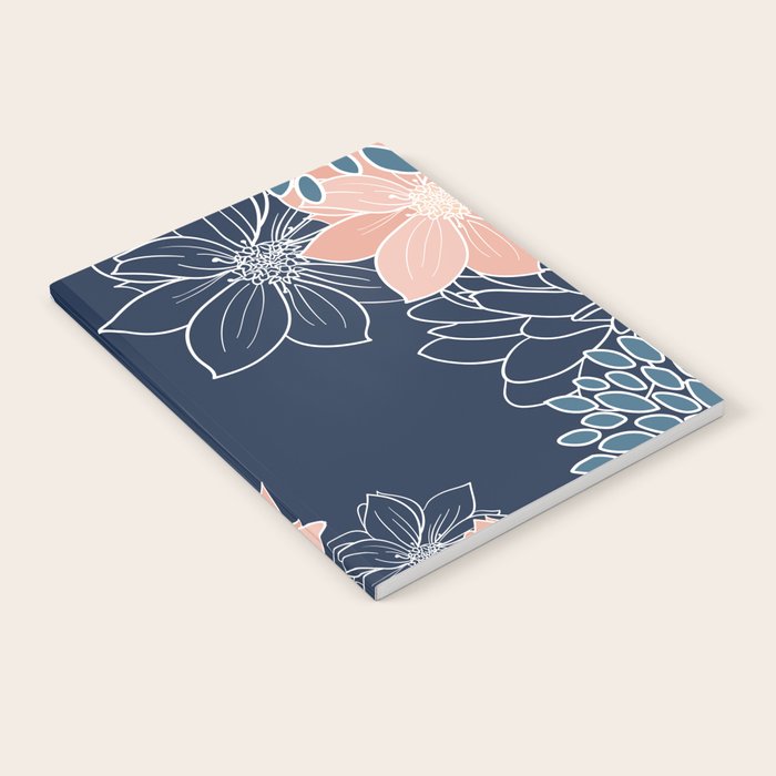 Festive, Floral Prints and Line Art, Navy Blue, Coral and Teal Notebook Gallery Image 2
