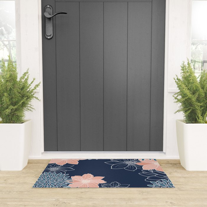 Festive, Floral Prints and Line Art, Navy Blue, Coral and Teal Welcome Mat Gallery Image 3