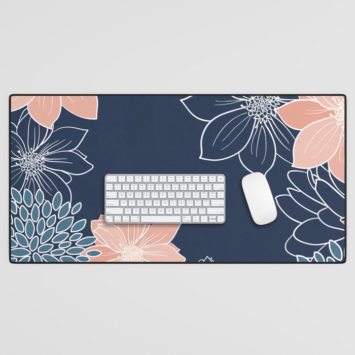 Festive, Floral Prints and Line Art, Navy Blue, Coral and Teal Desk Mat Gallery Image 1