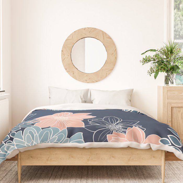 Festive, Floral Prints and Line Art, Navy Blue, Coral and Teal Duvet Cover Gallery Image 3