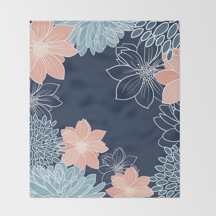 Festive, Floral Prints and Line Art, Navy Blue, Coral and Teal Throw Blanket Gallery Image 2