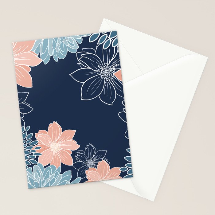 Festive, Floral Prints and Line Art, Navy Blue, Coral and Teal Stationery Card Gallery Image 2