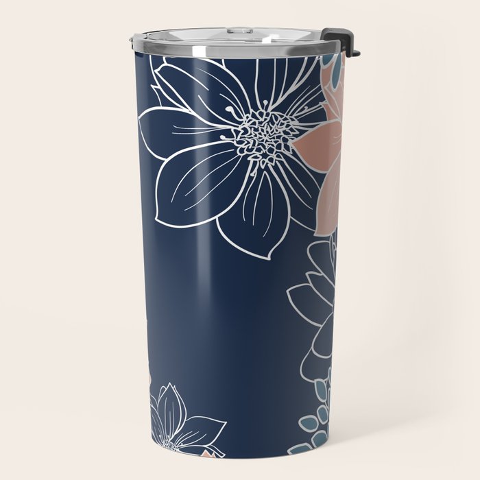 Festive, Floral Prints and Line Art, Navy Blue, Coral and Teal Travel Mug Gallery Image 2
