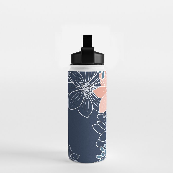 Festive, Floral Prints and Line Art, Navy Blue, Coral and Teal Water Bottle Gallery Image 2