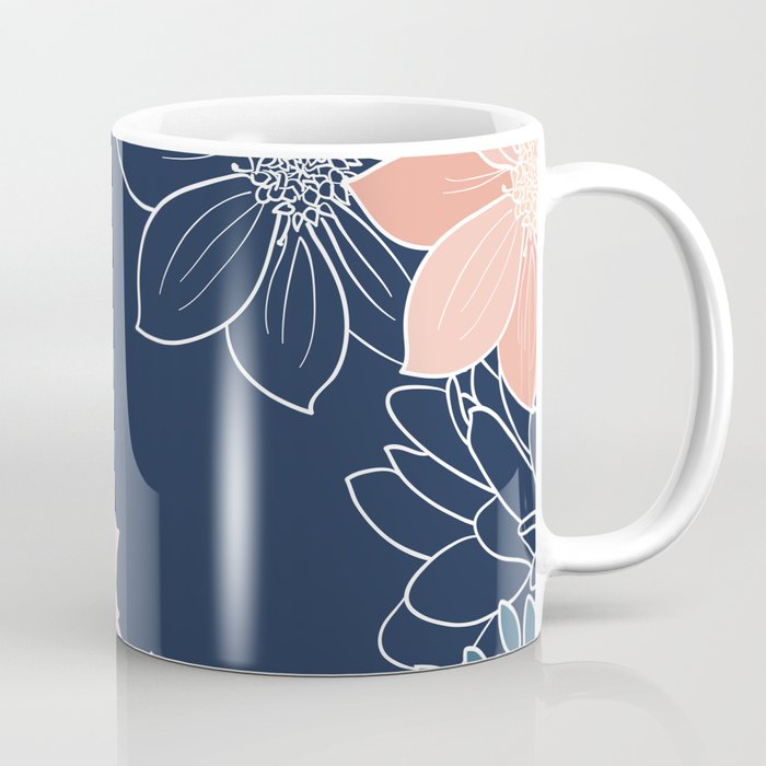Festive, Floral Prints and Line Art, Navy Blue, Coral and Teal Coffee Mug Gallery Image 1