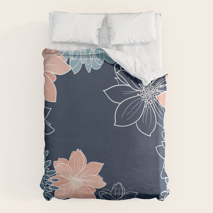 Festive, Floral Prints and Line Art, Navy Blue, Coral and Teal Duvet Cover Gallery Image 1