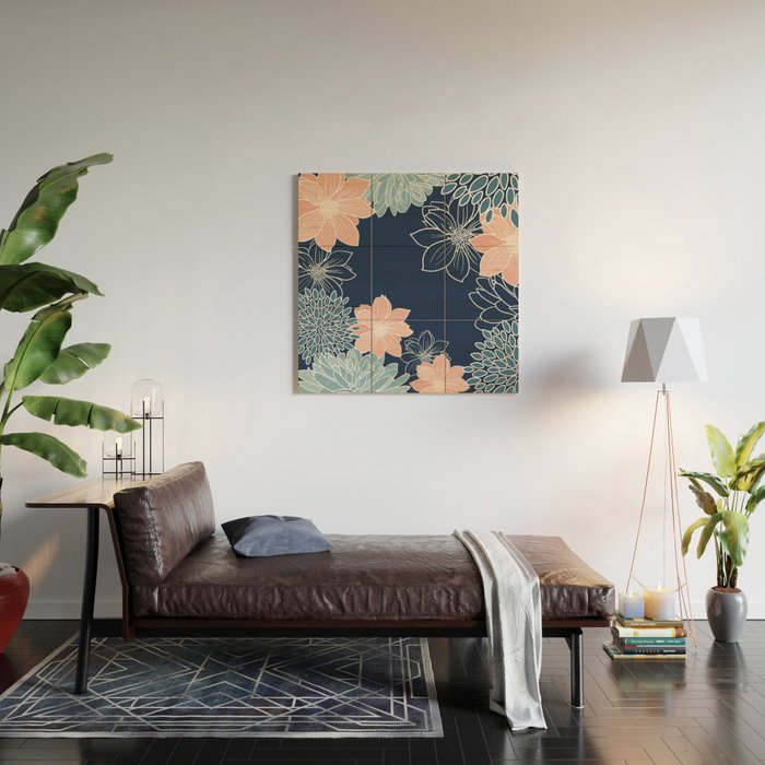 Festive, Floral Prints and Line Art, Navy Blue, Coral and Teal Wood Wall Art Gallery Image 2