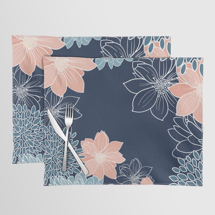 Festive, Floral Prints and Line Art, Navy Blue, Coral and Teal Placemat Gallery Image 1