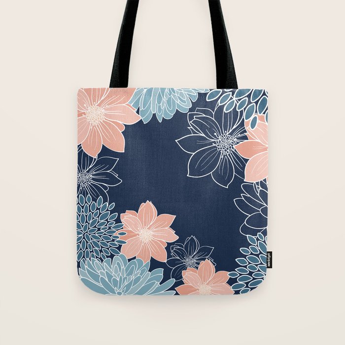Festive, Floral Prints and Line Art, Navy Blue, Coral and Teal Tote Bag Gallery Image 1