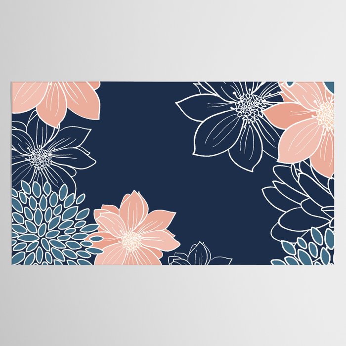 Festive, Floral Prints and Line Art, Navy Blue, Coral and Teal Tablecloth Gallery Image 2
