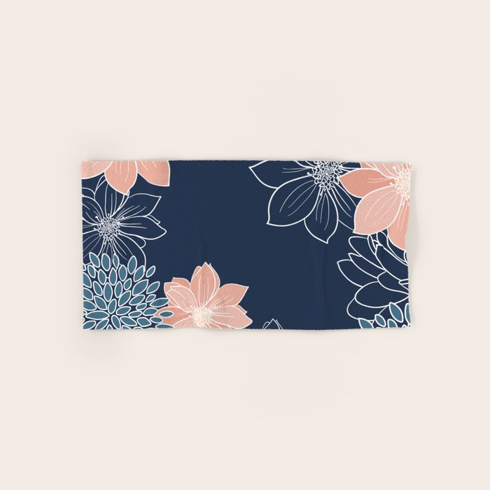 Festive, Floral Prints and Line Art, Navy Blue, Coral and Teal Bath Towel Gallery Image 1