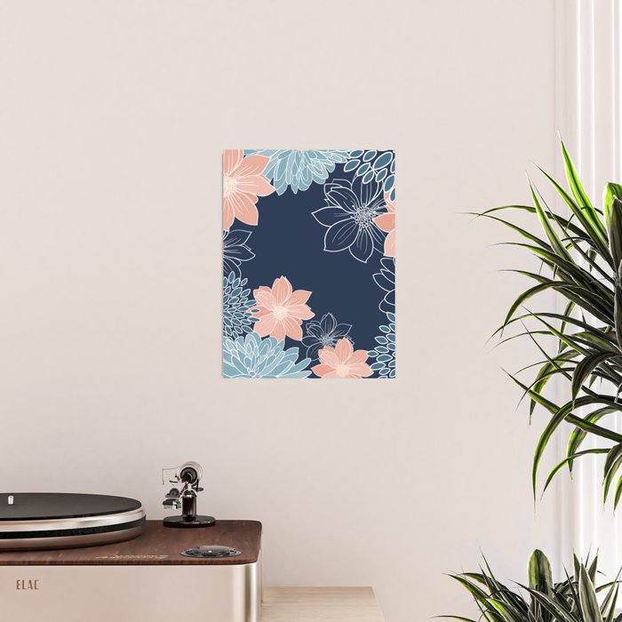 Festive, Floral Prints and Line Art, Navy Blue, Coral and Teal Poster Gallery Image 2